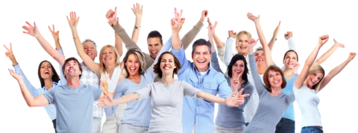 Group of people with hands in the air celebrating