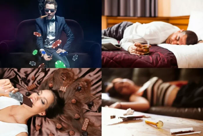 gambling drugs and drinking addictions montage