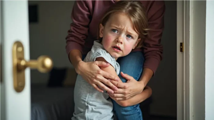 Toddler with separation anxiety clinging onto mothers leg